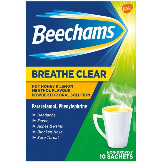 Beechams Cold & Flu Sachets, Breathe Clear Hot Honey & Lemon Menthol Flavour