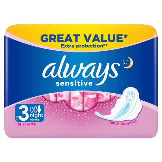 Always Sensitive Night Ultra (Size 3) sanitary pads with 10 pads Always Sensitive Night Ultra (Size 3) sanitary pads with 10 pads