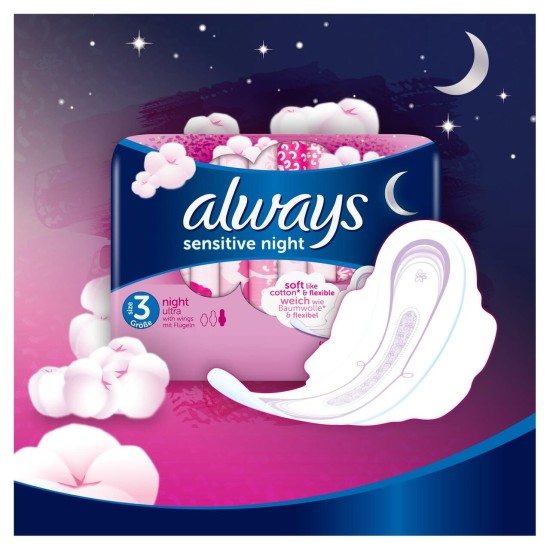 Always Sensitive Night Size 3 Ultra Sanitowels Soft With Wings 10 Pads
