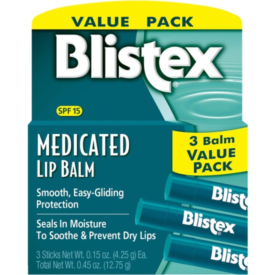 Blistex Medicated Mint Lip Balm With Sp15, Lip Moisturiser, 3 Pack Blistex Medicated Mint Lip Balm With Sp15, Lip Moisturiser, 3 Pack