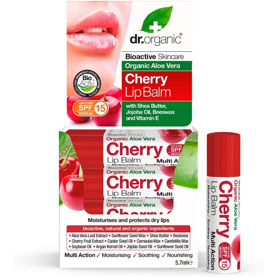 Dr Organic Aloe Vera Cherry Lip Balm Spf15, 5.7ml