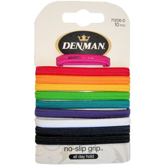 Denman No Slip Grip Elastic Bright Assorted Hairbands 10 Pieces