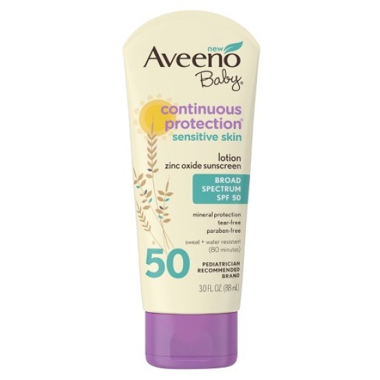 Aveeno Baby Continuous Protection Sensitive Sunscreen Lotion With Zinc Oxide Spf 50  3 Oz