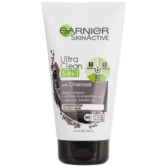 Garnier Skinactive Charcoal 3-in-1 Face Wash Scrub And Mask 4.4oz