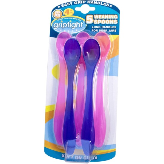  Griptight 5 Long Handle Soft Weaning Spoons (Pink and Purple)