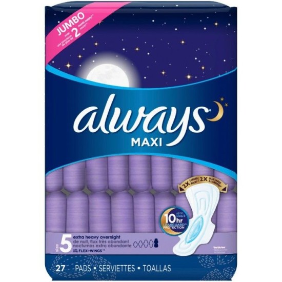 Always Maxi Size 5 Extra Heavy Overnight Pads With Wing 27 Pieces