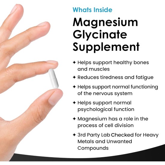 Magnesium Glycinate - 120 High Strength Capsules for Bones, Muscle Health