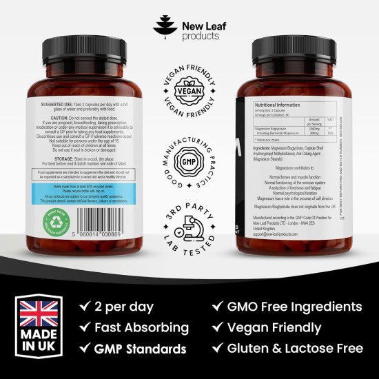 Magnesium Glycinate - 120 High Strength Capsules for Bones, Muscle Health