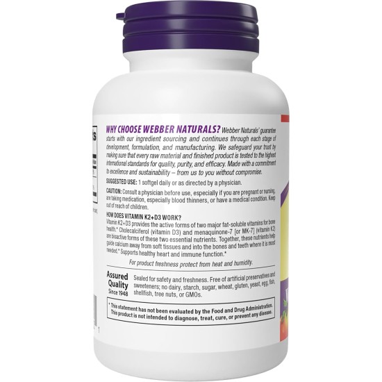 Webber Naturals Vitamin K2 + D3 120 mcg 1000 IU 60 Softgels Webber Naturals Vitamin K2 + D3 120 mcg 1000 IU 60 Softgels