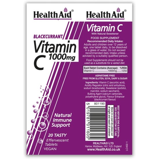 Health Aid Blackcurrant Vitamin C 1000g 20 Effervescent Tablets