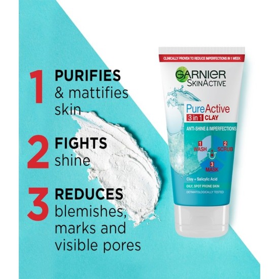 Garnier Pure Active 3-In-1 Wash, Scrub and Mask 150ml